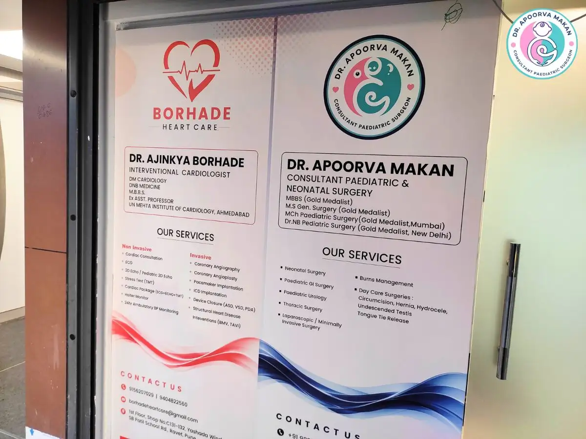 Outside poster at Borhade Heart Care & Pediatric Surgery Clinic, Ravet, Pune.