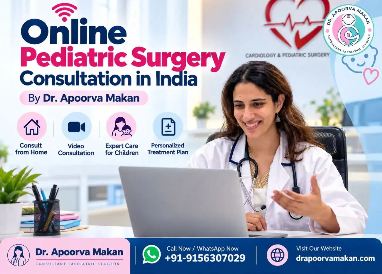Infographics showing Dr. Apoorva Makan doing Online consultation with patients in India.