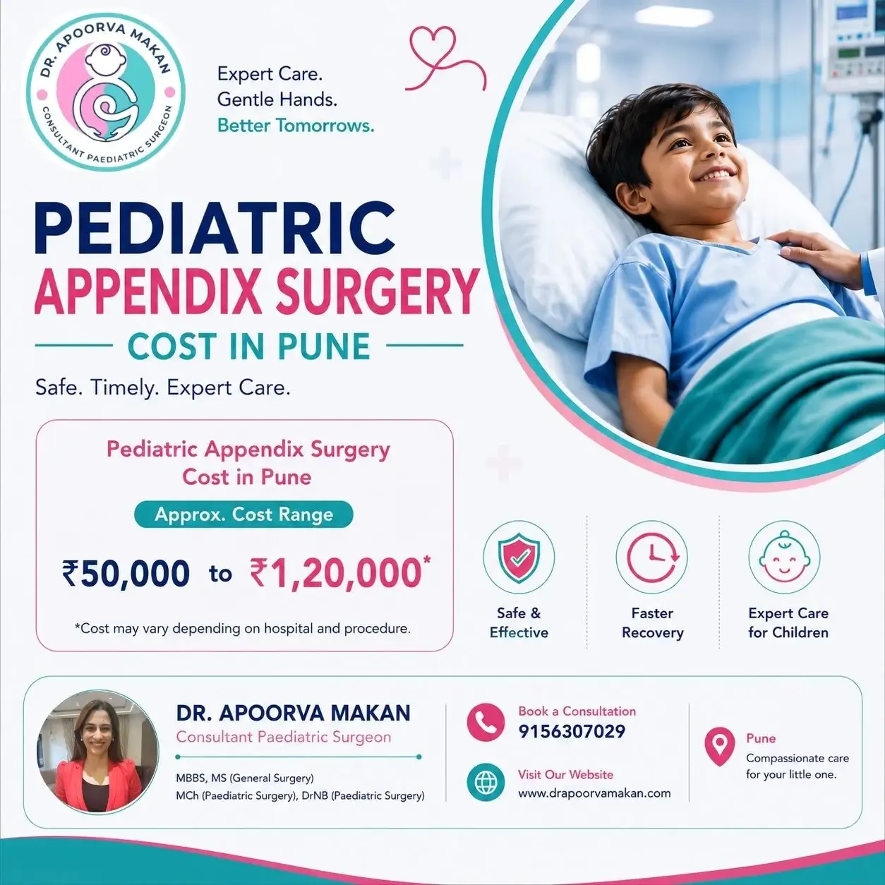 Infographics about Pediatric Appendix Surgery Cost in Pune - Dr. Apoorva Makan Explains showing cost range in Pune.